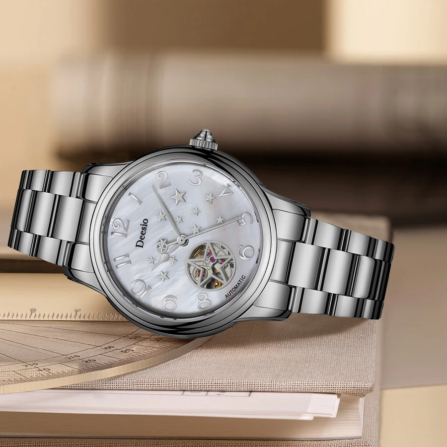 Deesio E8001B Star Design Automatic Watch Women Top Band Luxury Mechanical Watches Ladies Hollow Fashion Wristwatch Clock Gifts