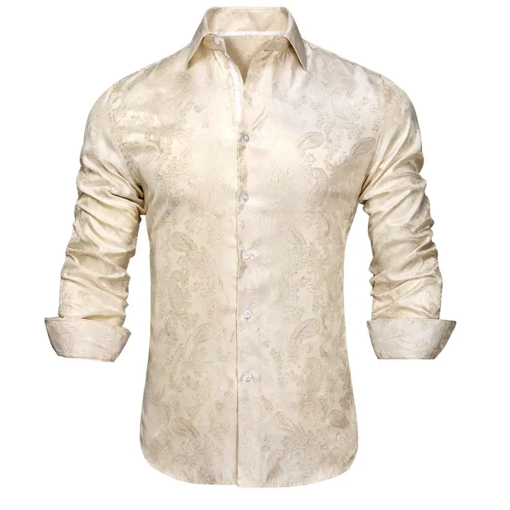 Hi-Tie Ivory Champagne Paisley  Silk Men\'s ShirtLong Sleeve Casual Shirts For Men Jacquard Male Business Party Wedding Dress