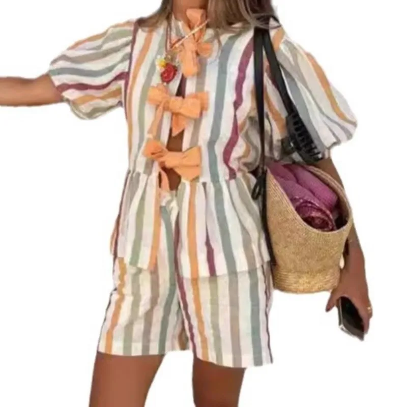 Women's Casual Shorts Set Vacation Style Short Sleeve Single Row Tied Top Shorts Striped Fashion Two-piece Set 2025 New Clothing