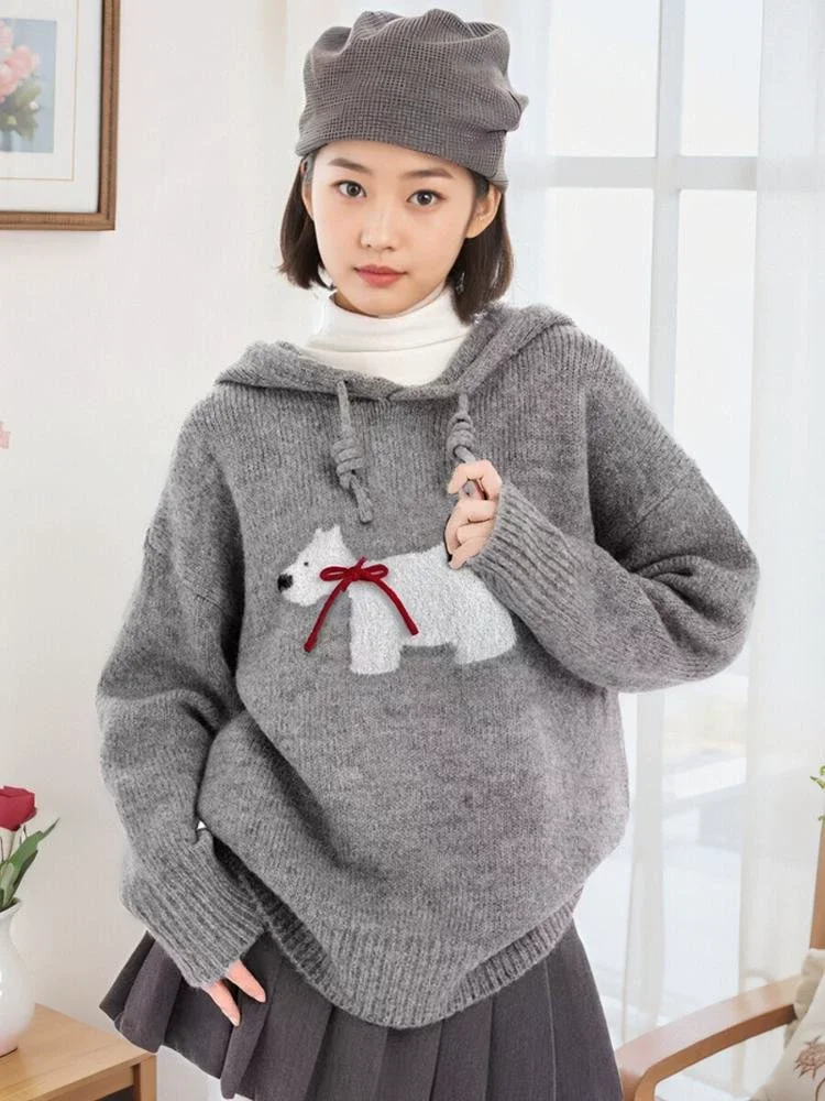 Thicker Pullovers Women Dog Printed Hooded Keep Warm Korean Style All-match Loose Outwear Knitted Sweaters Winter New Design