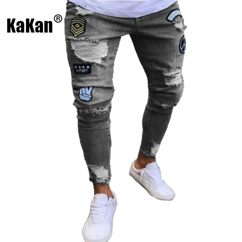 Kakan European and American High-quality New Long Jeans Men\'s Elastic Tight Jeans, Hole Badge Slim-fit Pants Jeans K14-881