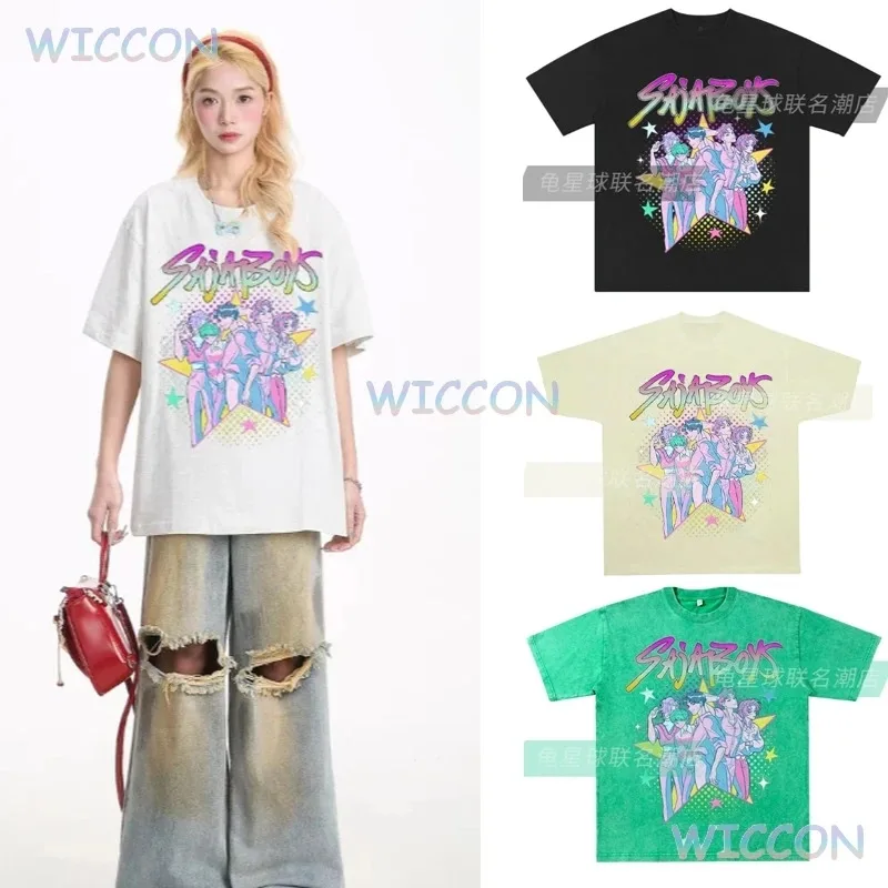 

Промытая футболка большого размера в стиле аниме K-Pop Demon Jinu Hunters Mira Zoey Косплей Saja для мальчиков и женщин и мужчин винтажная футболка с круглым вырезом и короткими рукавами