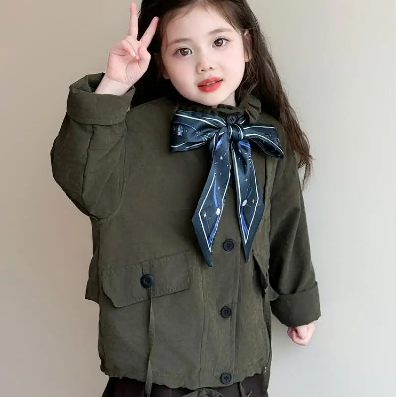 Fashionable Trendy Girls' Outerwear for Autumn New Girls' Korean Version Coat Children's Double Breasted Mid Length Trench Coat