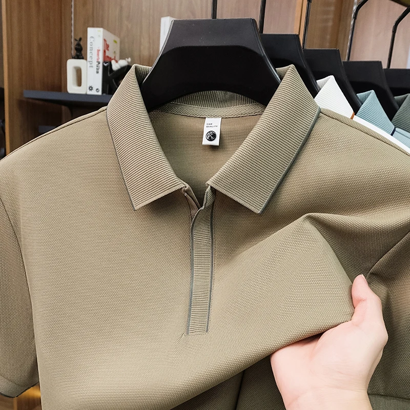 Luxury fashion men's short sleeve polo shirt summer new solid color business casual ice silk breathable high-end comfort T-shirt