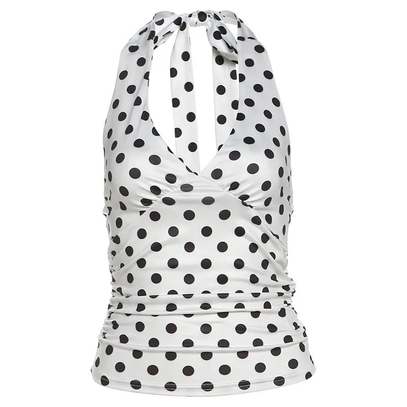 Damen-Top mit V-Ausschnitt, offenem Rücken, Schnürung, Polka-Dot-Muster, figurbetont, Tank-Top-Stil, Y2K-Sommermode, Alltags-Streetwear, Basic-Oberteil. – Detail 26