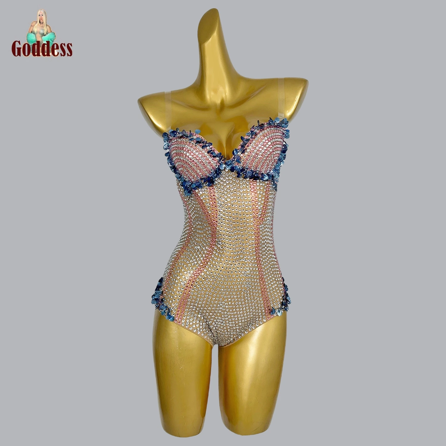 Female Singer Performance Stage Bodysuit Club DJ Luxurious Shining Rhinestone Shell Leotard Bar Party Sexy Mesh Spandex Bodysuit