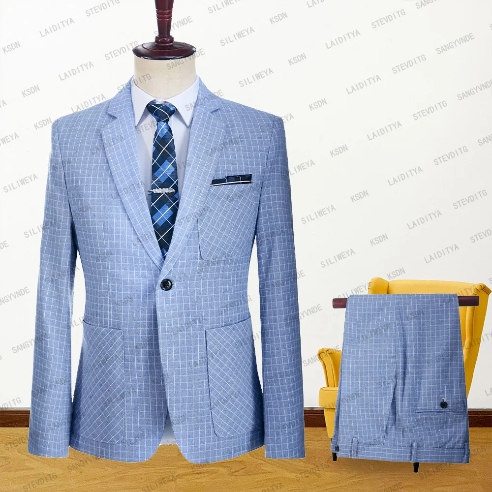 

2 Pieces Men Suit Coat Pants Light Blue White Check Slim Fit Blazers Groom Wedding Linen Notehed Lapel Fashion Leisure Sets