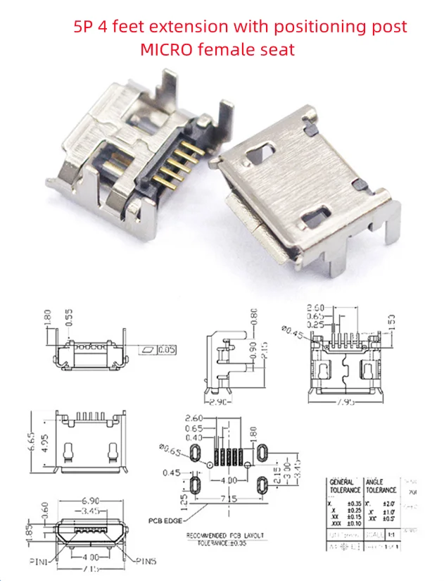 5 قطعة USB أنثى المقبس واجهة مايكرو مقبس توصيل موصل 5P 4 قدم تمديد مع تحديد المواقع العمود