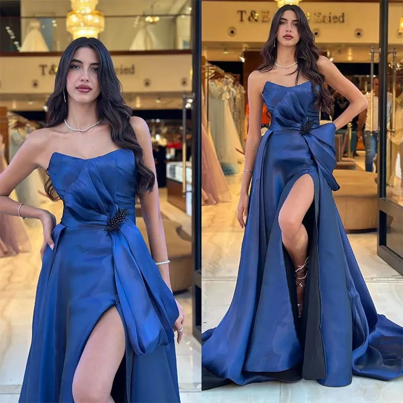 Elegant Navy Blue Prom Dresses A Line Strapless Evening Dress Bow Knot Waist Pleats Split Formal Special Occasion Party Dress