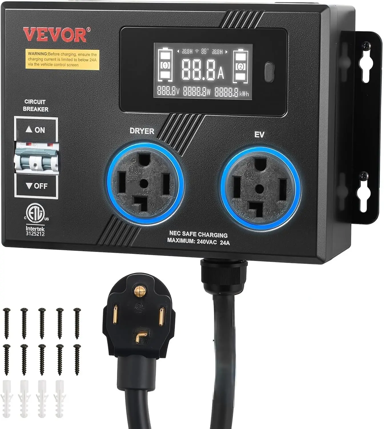 

Automatic EV Charging Switch, NEMA 14-30, Splitter Switch for Dryer & EV Charger, 24A Max 240V Smart Power Distribution with Cir