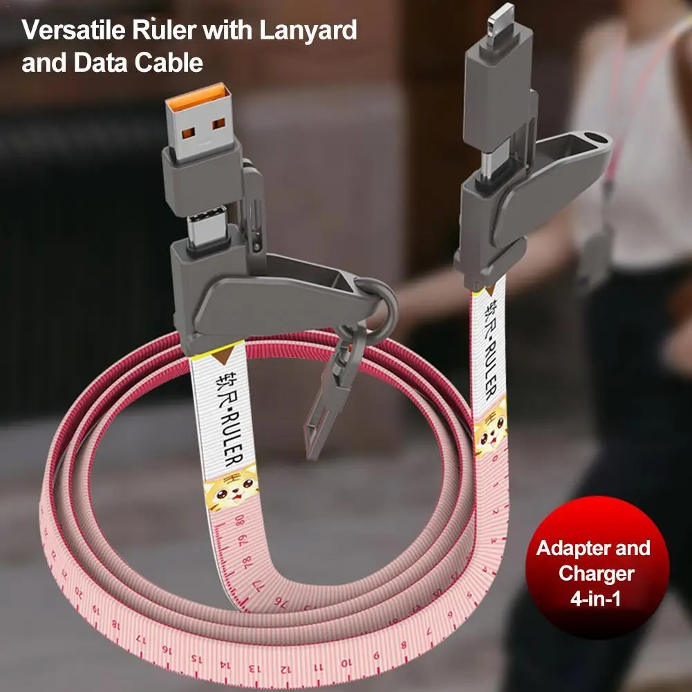 Ruler Lanyard 4 In 1 Fast Charging Cable USB Type C Cable Quick Charge Data Cord For IPhone Phone Charger