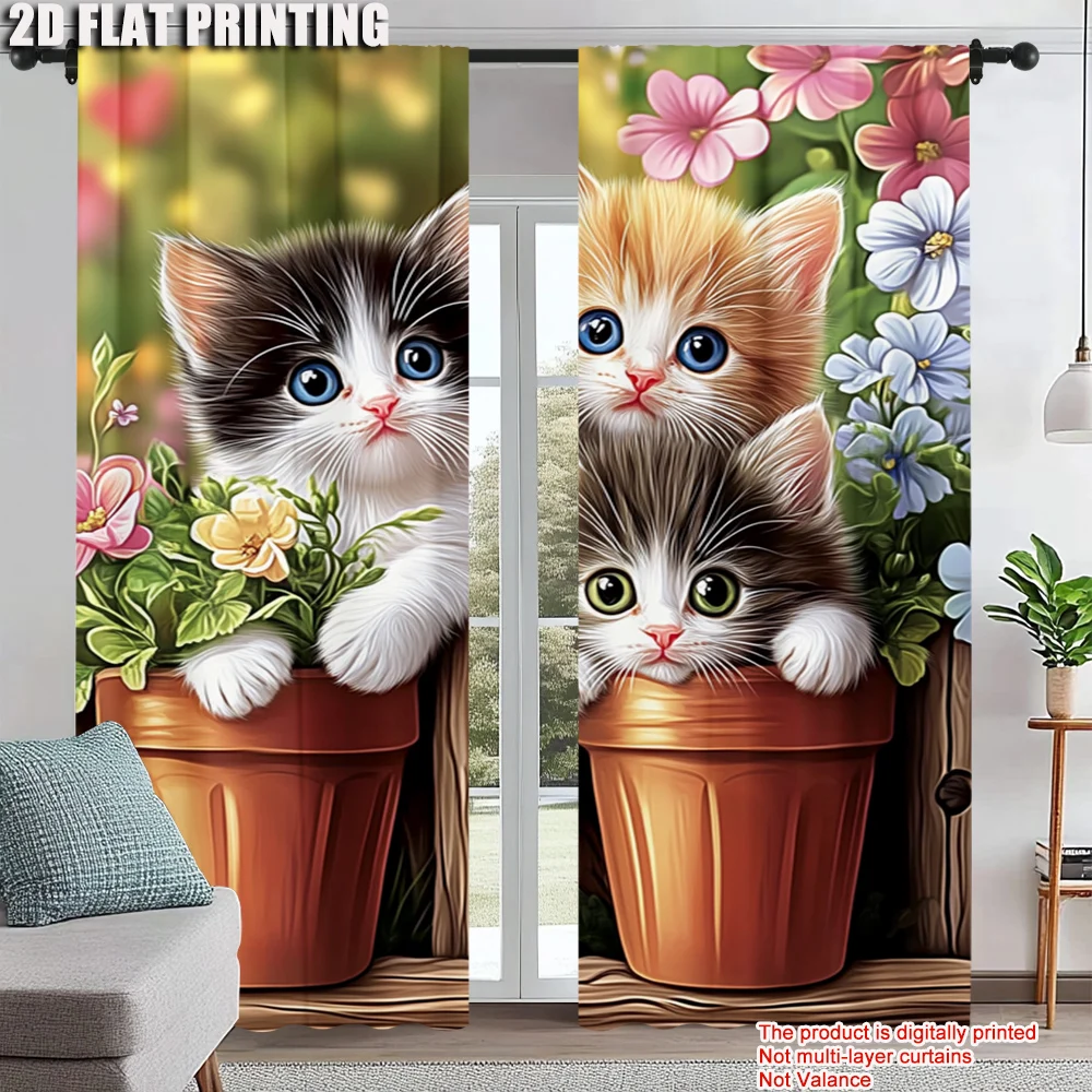 

2Pcs Kitten Flower Window Curtains For Bedroom And Living Room Rod Pocket Polyester Material Drapes For Office Study Home Decor