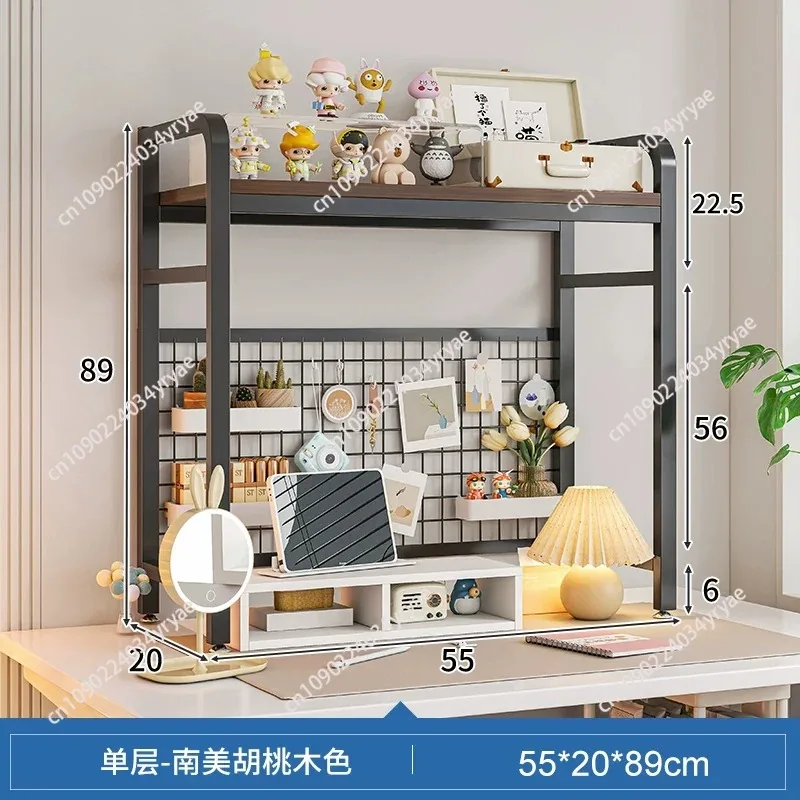 Bookshelf Bookcase with Grid Desktop Multi-layer Wrought Iron Shelf Student Computer Desk Table Hole Board Table Wooden Shelves