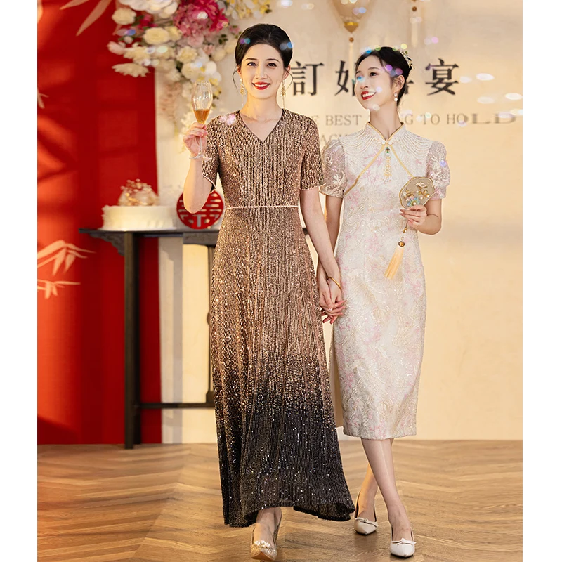 

Elegant Women Evening Dresses Long V-Neck A-Line Ankle-Length Shiny Sequin Mother Of The Bride Dresses