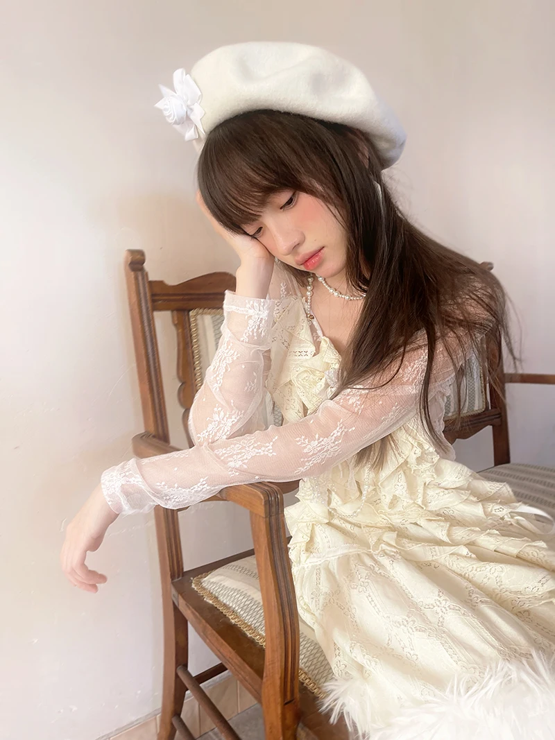 White Round Neck Long Sleeve Thin Exquisite Shirt Girl Spring Summer Irregular Sweet Ruffles Tassels Skin-penetrating Fabric Top