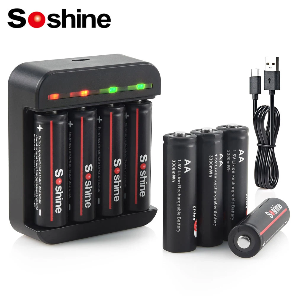 Soshine 1.5V AA Lithium Rechargeable Battery with Charger 1.5V 2A 3300mwh Lithium Li-ion Battery for Toys Remote Control Camera