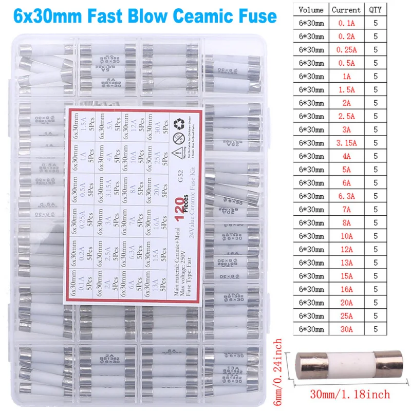 120Pcs 24Value Each 5pcs 6x30mm F0.1A-30A 250V Fast Blow Ceramic Fuse Assored kit