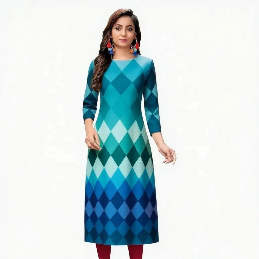 Abito da donna kurt alla moda ed elegante, a maniche lunghe, a tubo dritto, casual, con scollo tondo, motivo colorato