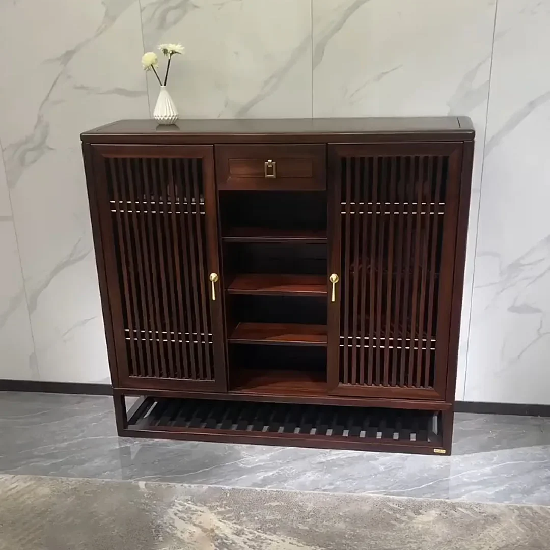 New Chinese-style ebony three-door side cabinet villa high-end simple Zen foyer entry wall storage cabinet