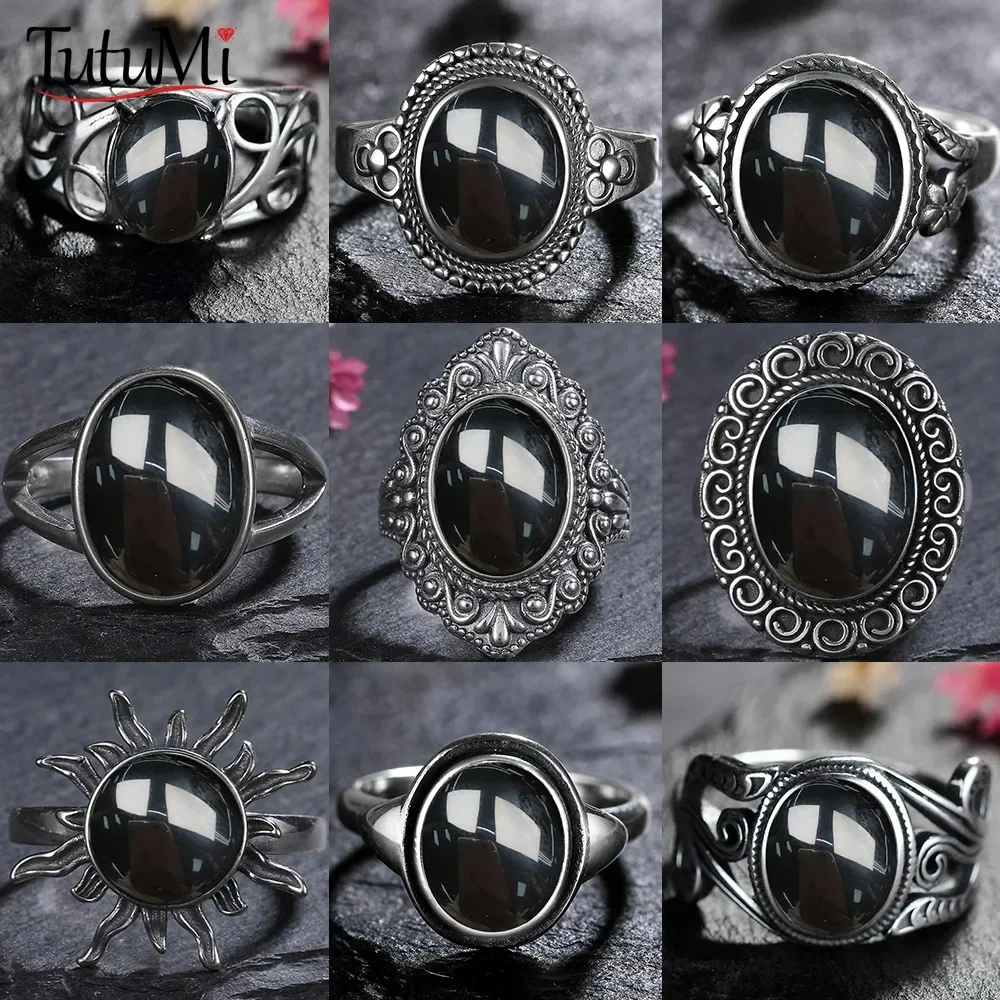 925 Sterling Silver Ring Natural Black Agate Ring Oval Round Retro Jewelry for Women men Gift Sun Shaped Vintage Ring