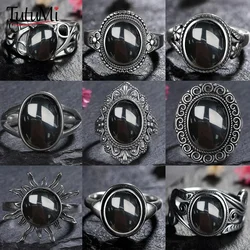 925 Sterling Silber Ring natürlichen schwarzen Achat Ring ovalen runden Retro-Schmuck für Frauen Männer Geschenk Sonne geformt Vintage Ring