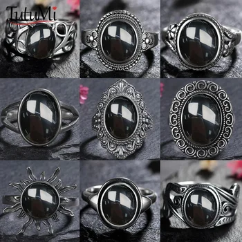925 เงินสเตอร์ลิงแหวนอาเกตสีดําธรรมชาติแหวนรูปไข่รอบ Retro เครื่องประดับสําหรับผู้หญิงผู้ชายของขวัญ Sun Shaped แหวนวินเทจ