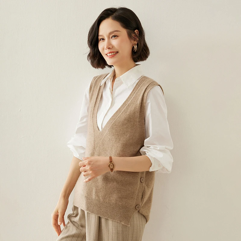 

100% Cashmere V-Neck Vest for Women, Side Button Sleeveless Sweater, Loose Layered Knitted Cardigan, Sleeveless Vest, Waistcoat