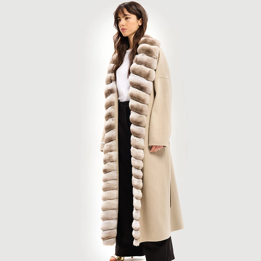 Real Cashmere Coat Winter Wool Coat Women Clothing 2024 New Arrivals Natural Rex Rabbit Fur Collar Long Wool Fur Jackets