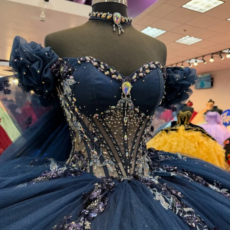 الأزرق الداكن لامعة فساتين Quinceanera الكرة ثوب قبالة الكتف زين الدانتيل الخرز القوس تول مشد الحلو 16 فستان Vestidos 15 De