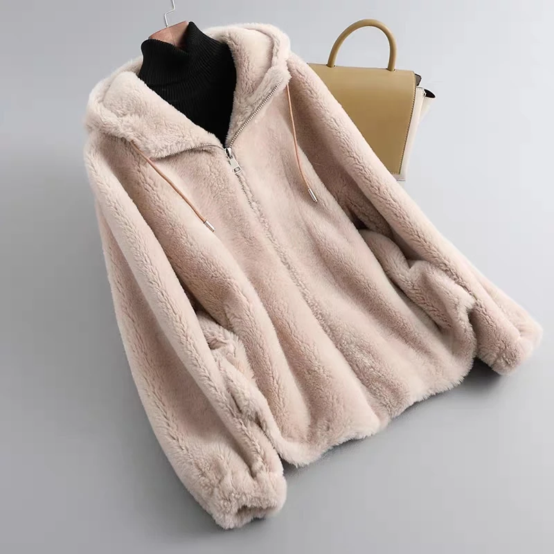 Lambswool Teddy Coat Women Hooded Women Jacket with Zipper CX-G-T-33C