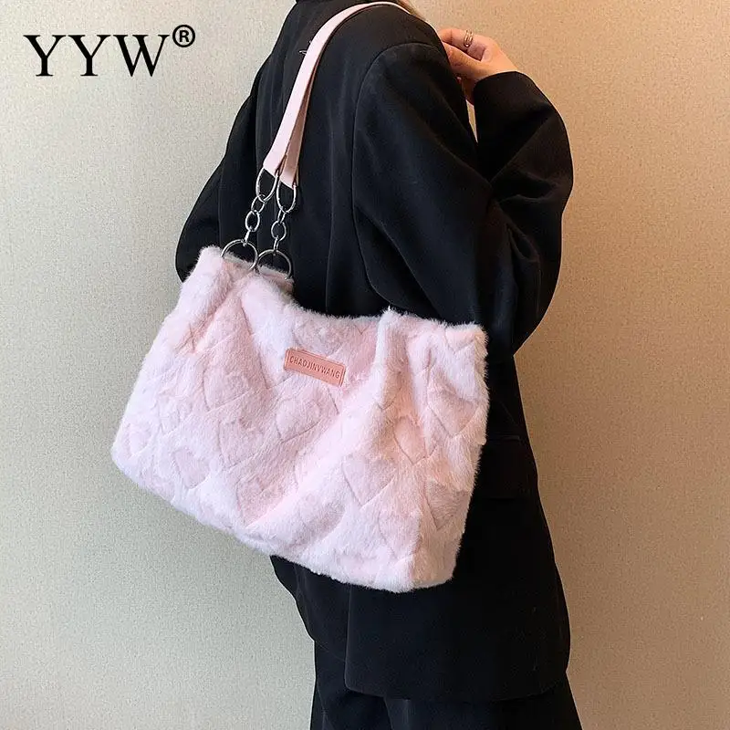 Large Capacity Soft Plush Underarm Handbag Casual Women's Love Heart Pattern Shoulder Bags Lady Winter Warm Furry Hobo Tote Bag