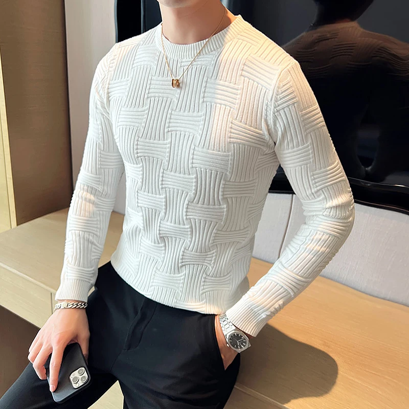 Autumn Winter New Crew Neck Knitted Sweater Mens Long Sleeved Knitted Floral Pullover Korean Slim Fit Warm T Shirt Sweater Homme