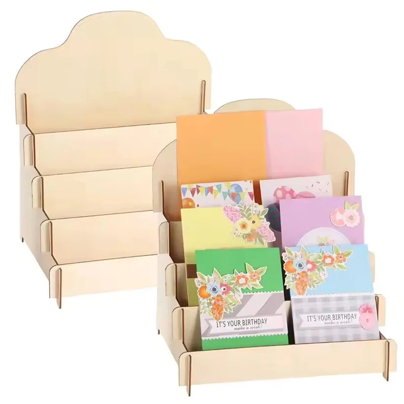 1Pcs Greeting Card Display Stands 4-Tier Wooden Sticker Display Racks Card Organizers Blank Retail Display Shelves Storage