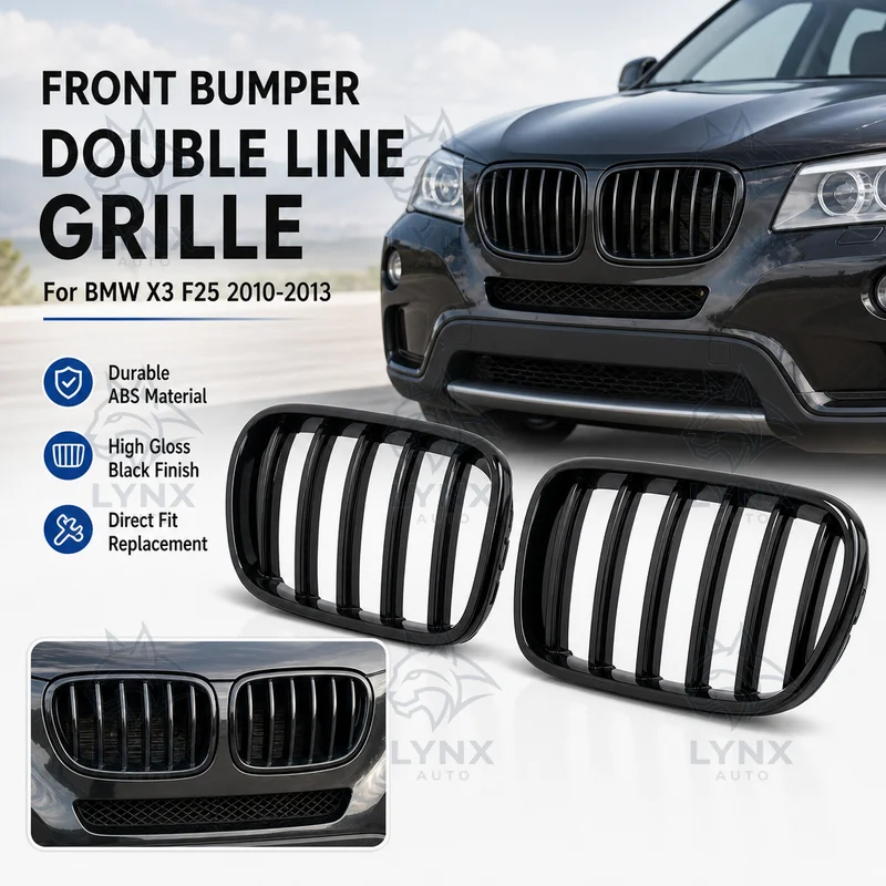 For BMW X3 F25 2010-2013 Replacement Front Bumper High Gloss Black Double Line Design Grille Air Intake Grille