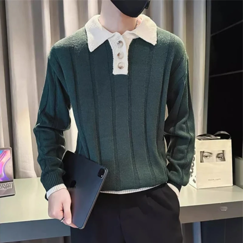 

2025 New Luxury Striped Turn Down Y2K Sweater For Man Streetwear Patchwork Knitwear Pullovers Long Sleeve Knitted Polo Shirts