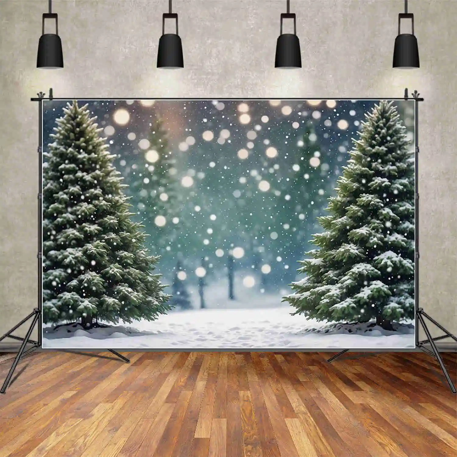 

MOON.QG 2024 Christmas Pine Tree Backdrops Snow Winter Bokeh Children Outdoor Background Custom Party Decor Photography Supplies