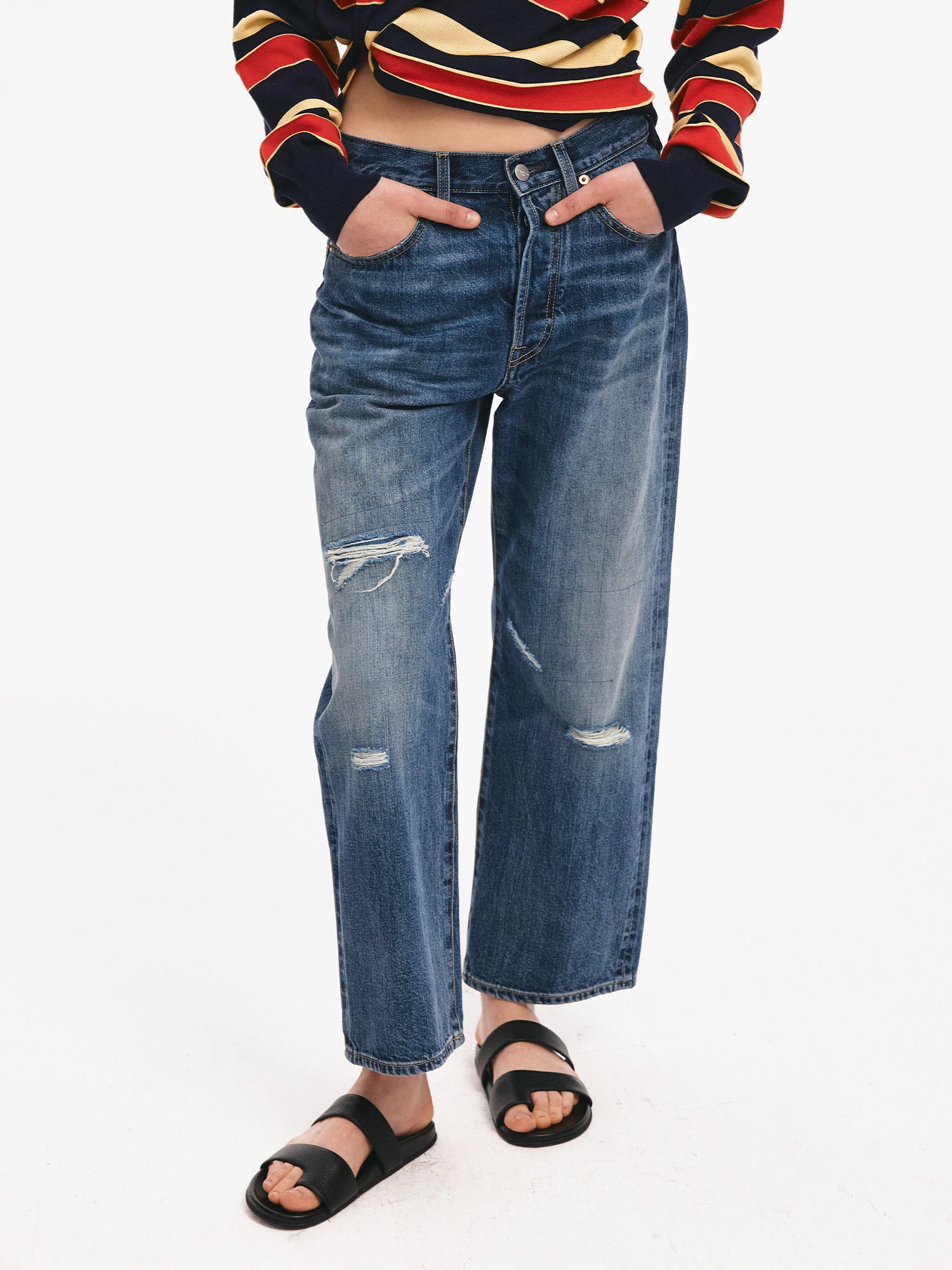 

Tfa Vintage Waed Cotton Jeans Women's Spring Summer New Sle Fried Cotton ain inding Hole Denim Pants l Waist