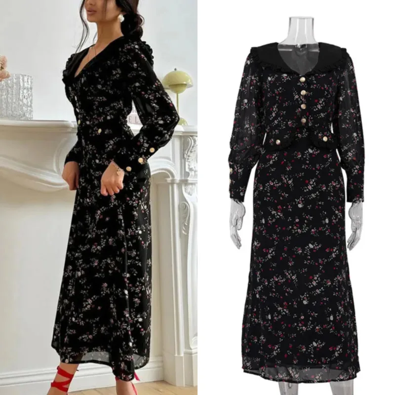 

Women's 2025 Slim Floral Print Dress Vintage Lapel Long Sleeve Ankle Length Classic Patchwork Elegant Fashion Lady Outfit New