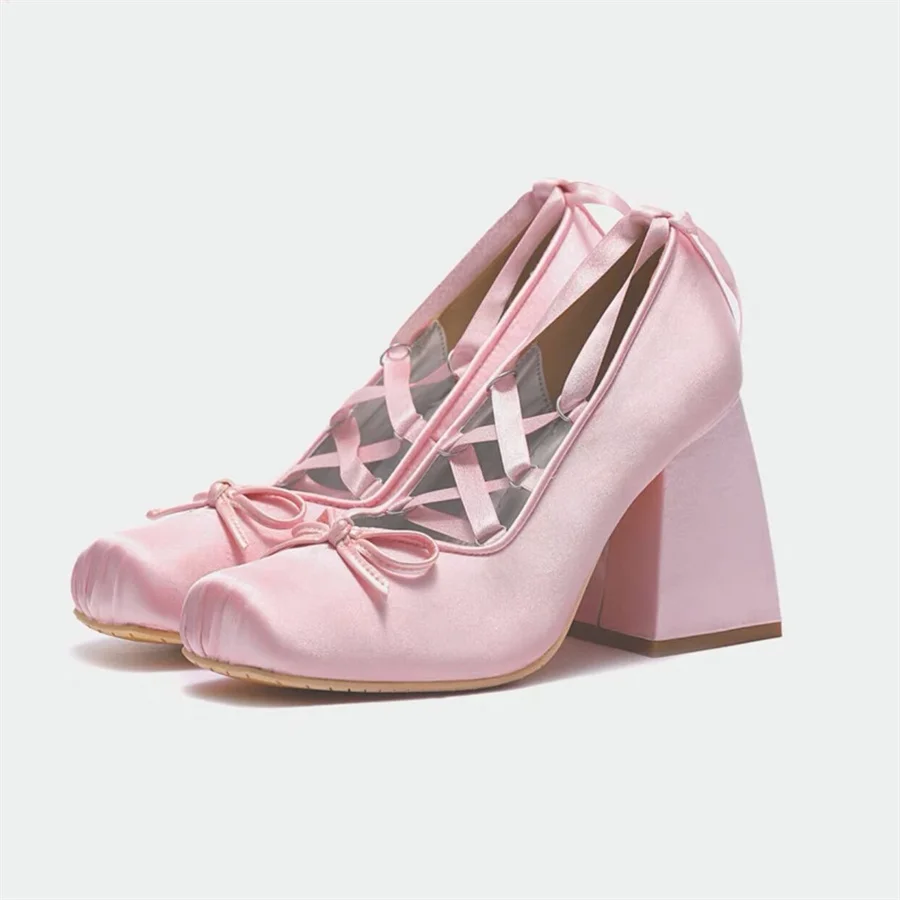 Cute Pink Women Chunky High Heels Lolita Shoes Square Toe Mary Janes Fashion Comfy Ladies Dance Shoes Lace-up Dress Pumps