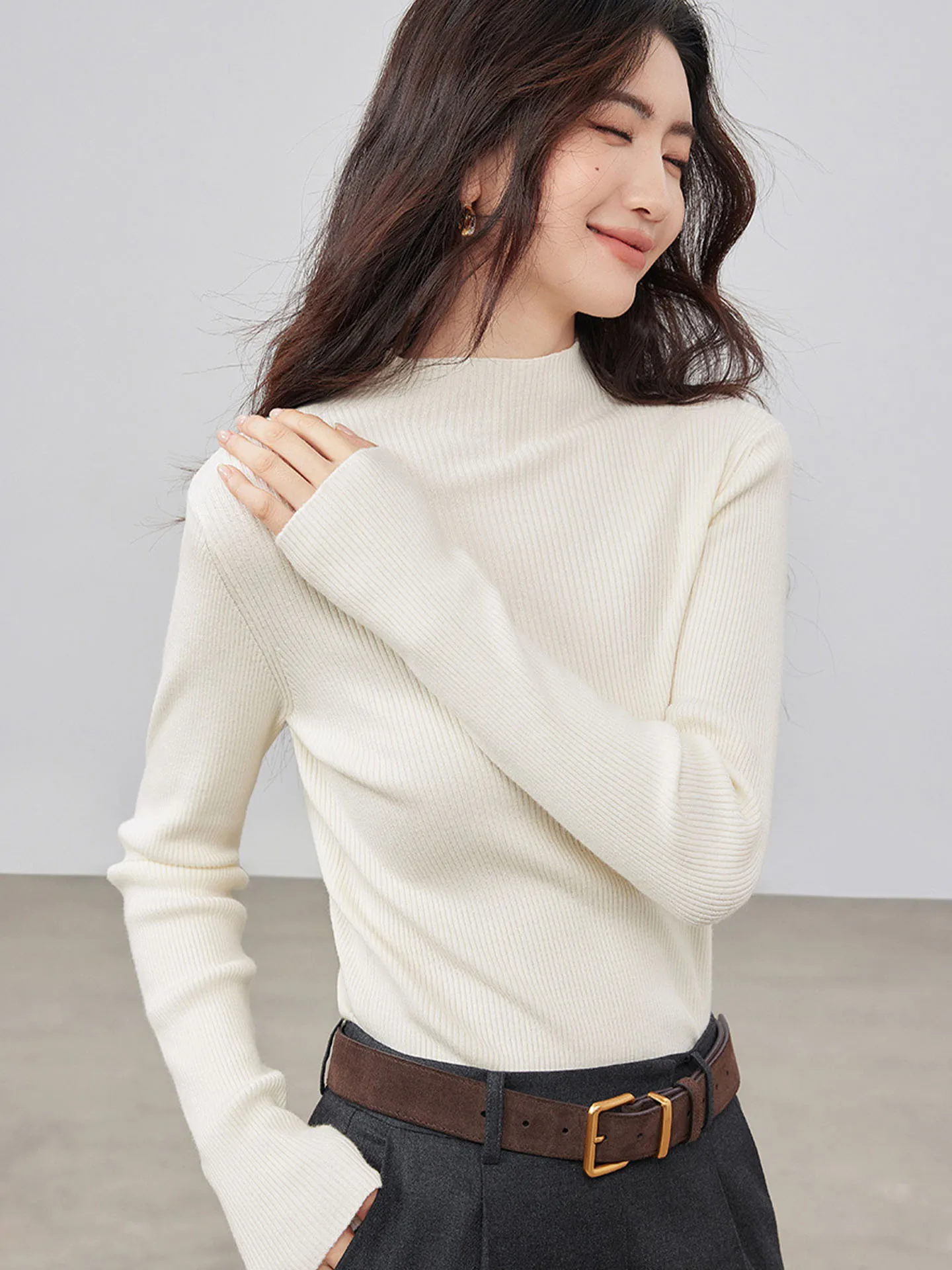 

Slim Fit Long Sve Knitted Sweater f High Collar Cut Label Sle Versatile Base Layer irt Korean Sle Commute Faion