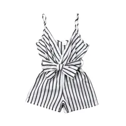 Baby Girls Jumpsuit with Waist Belt Striped Pattern Sling Loose Romper Summer Casual Toddler Infant Short Pants Jumpsuit