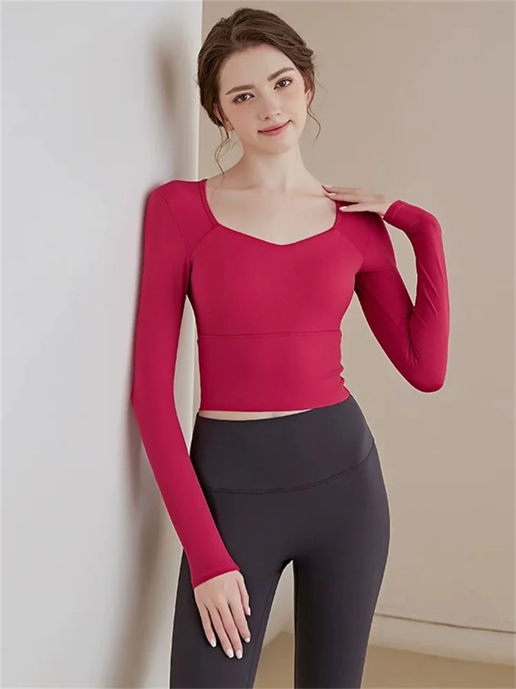 

Women's Yoga Clothes with Chest Pad Tight Long Sve V-ne Qui Dry Running Sports Fitn Top Korean Sle Commute