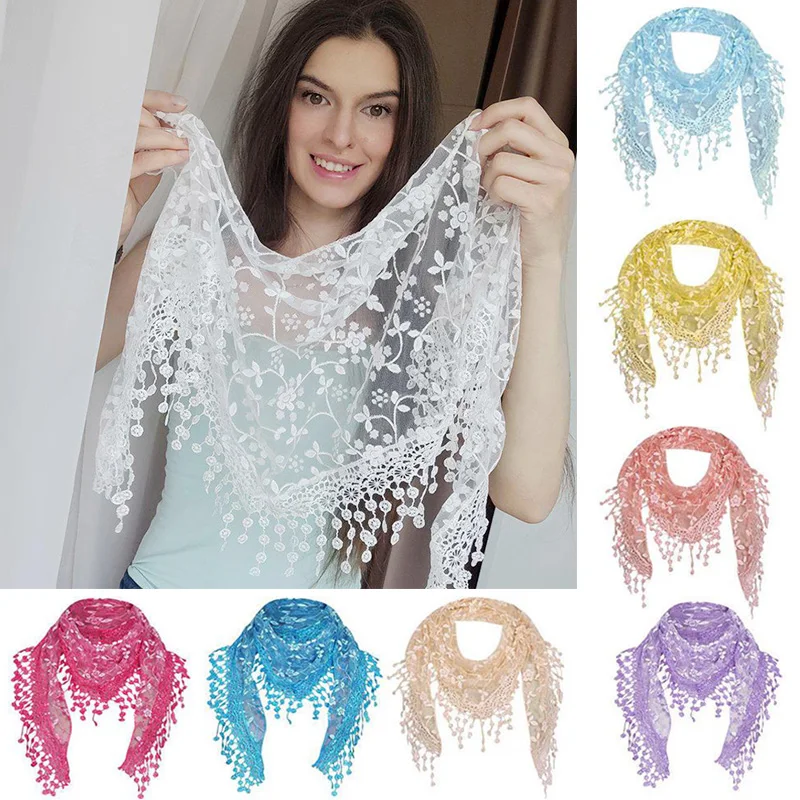 Women Lace Scarf for Church Tassel Triangle Scarf Sheer Floral Scarves Church Prayer Shawl Spanish Mantilla Lace Bufanda Mujer