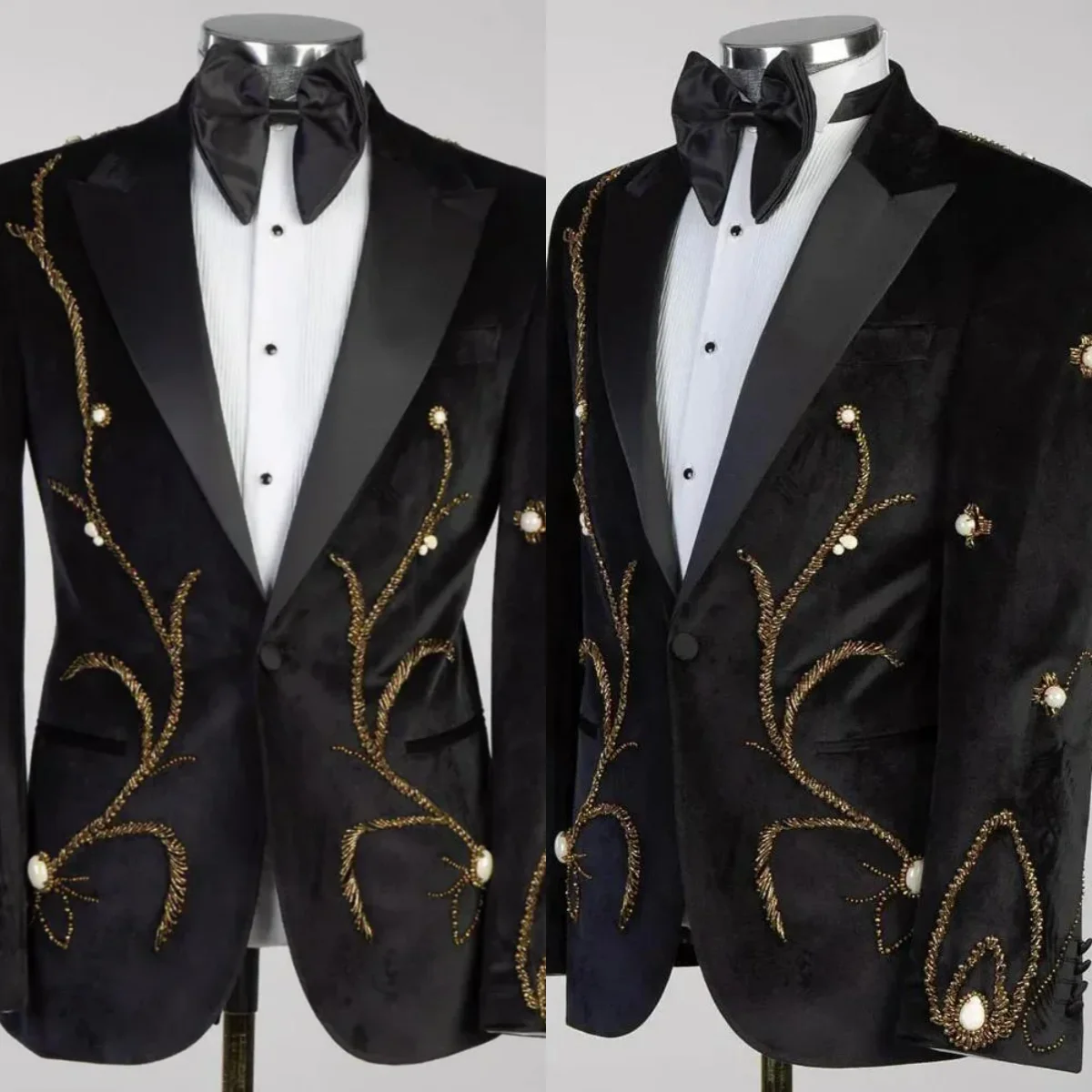 

Stylish Velvet Men Suits One Button Peaked Lapel Jacket Sets Loose Fit Beaded Pearls Prom Male Party Customized 2 Pieces