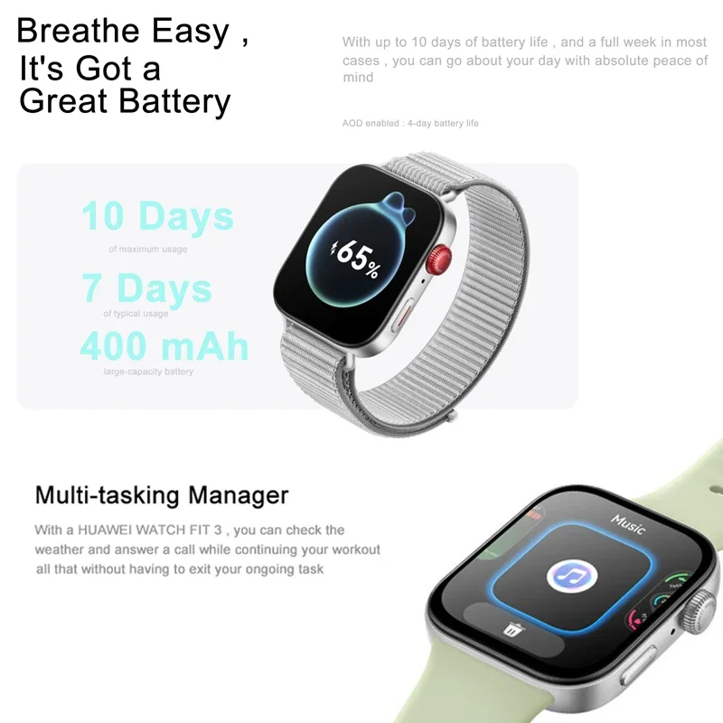 Huawei Horloge Fit 3 Smartwatch 1.82 "Amoled Display Ultra-Slank Design Sportarmband Allround Fitness Management Smartwatch