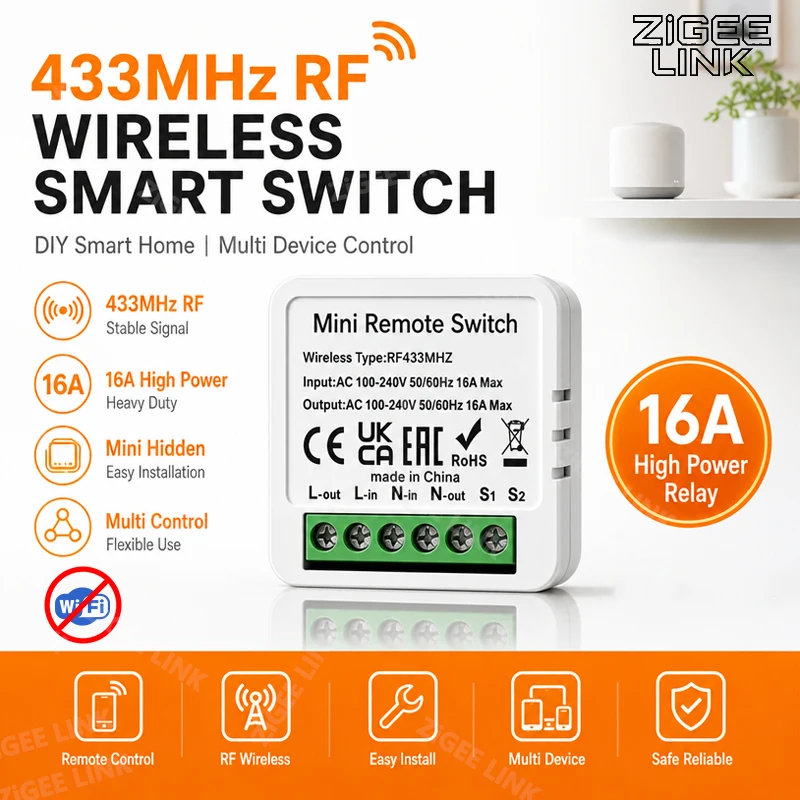 16A RF433MHz Wireless Remote Control Relay Module AC100-240V 2-Way Control DIY Receiver For Household LED Light Automation