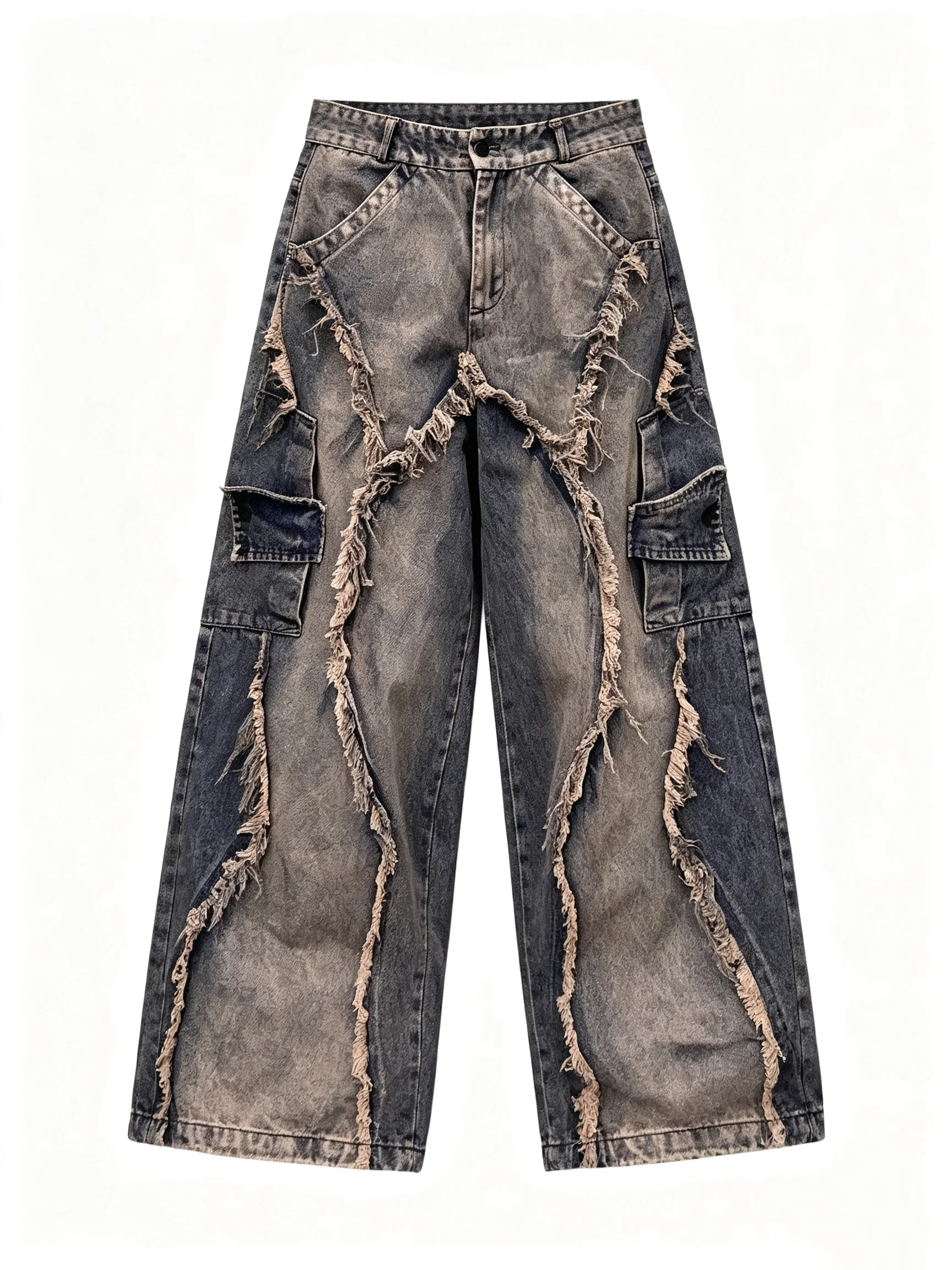 Vintage desolate heavy-duty distressed denim jeans wide-leg pants patchwork hip-hop street dance trendy high street fashion Y2K