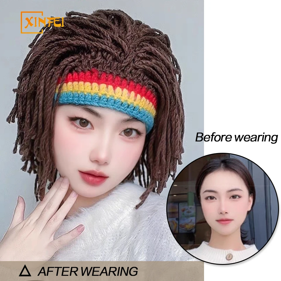 XINFEI Jamaican Knitted Wig Braid Hat Unisex Hair Hat Handmade Fancy Wig Caps Halloween Ghost House Wig Black