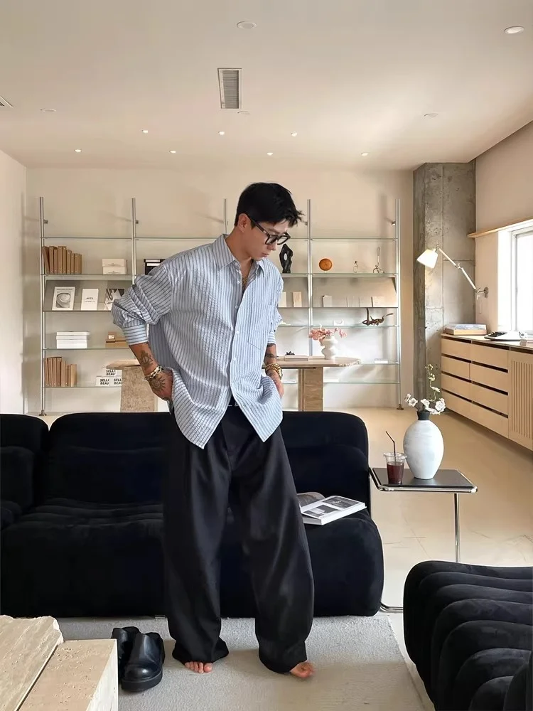 

Loose Fit Korean Sle Long Sve Striped Contrast Color irt Men's Textured Folded Collar Casual Faion Spring Autumn