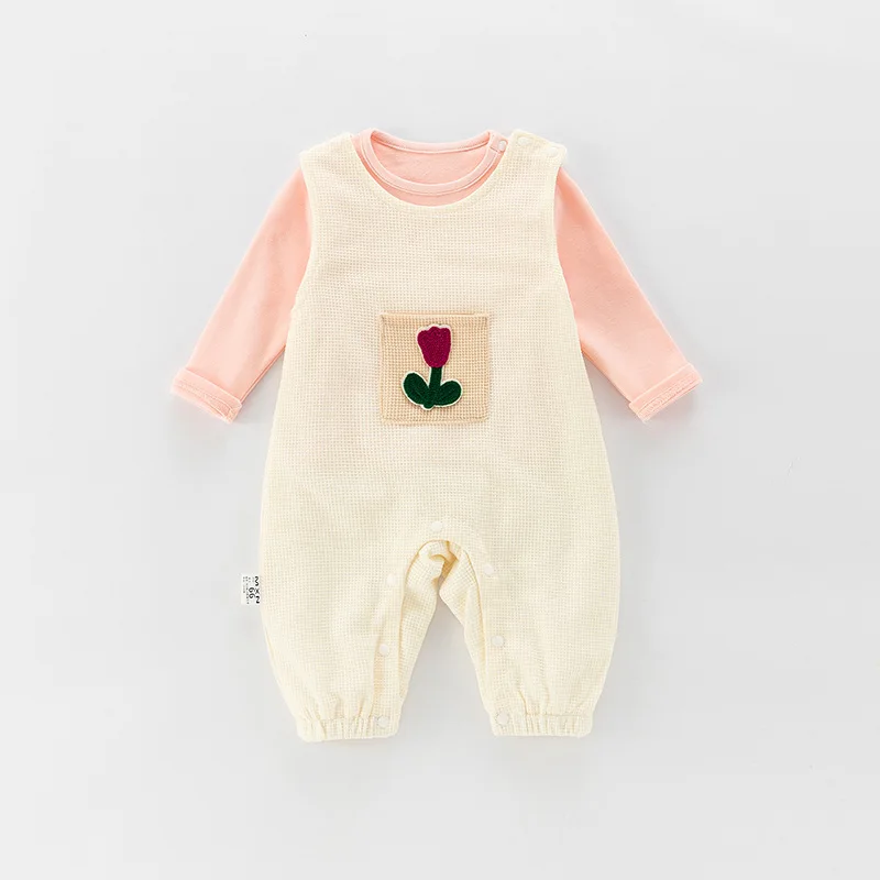 2024 Infant Girls 2PCS Clothes Set Autumn Solid Cotton Shirts Floral Pocket Round Collar Bodysuit Suit Newborn Girls Outfits